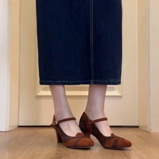 Sapatos de salto alto femininos, bico fino, decote baixo, em camurça, estilo retrô e elegante, salto grosso, tamanhos 35