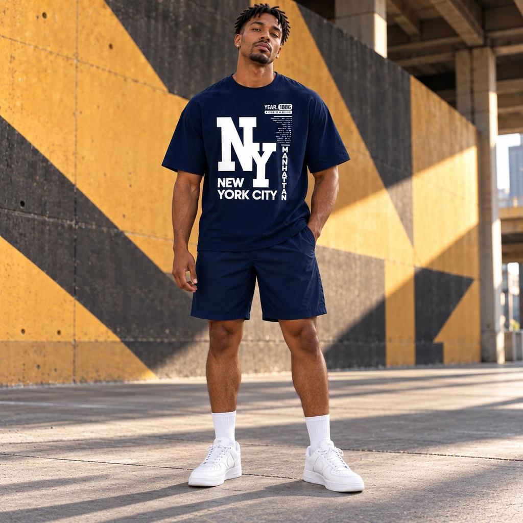 Conjunto New York Azul Marinho Masculino Short e Camiseta Elastano Confortável