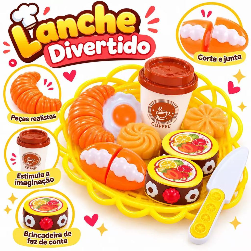 Kit Lanche Divertido Infantil Comidinhas de Brinquedo com Cesta e Acessórios