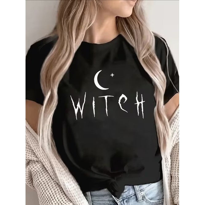 Camiseta Feminina Manga Curta Estampada Lua Estrela Witch Confortável Estilosa Moderna Linda Casual Moda Verão Tendência