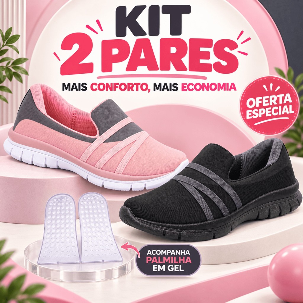 Kit 2 Tenis Caminhada Confortavel Feminino Leve Ortopedico Sapatilha Slip On Casual Meia