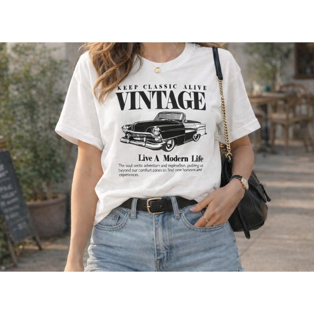 Camiseta Feminina Vintage Carro Retrô Estampada Blusa Feminina Longa Casual Moderna Confortável Dia Dia