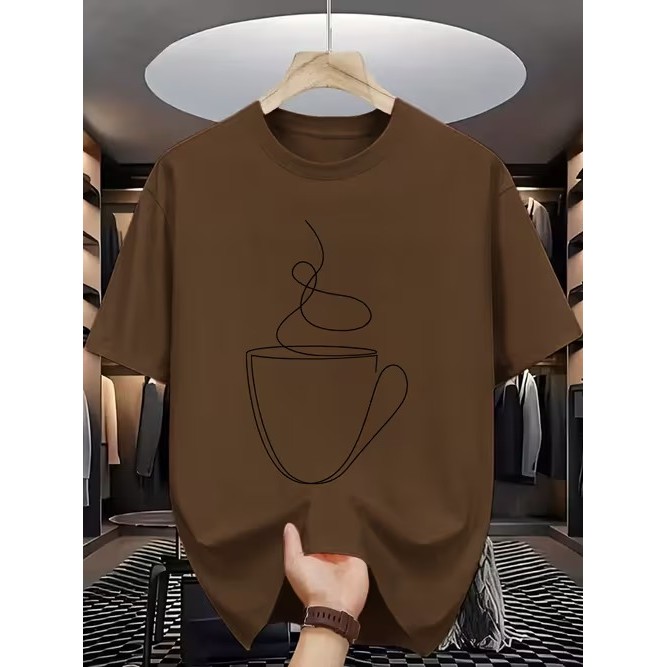 Camiseta Manga Curta Estampada Xícara de Café Confortável Linda Moderna Estilosa para Moda Casual Tendência Verão
