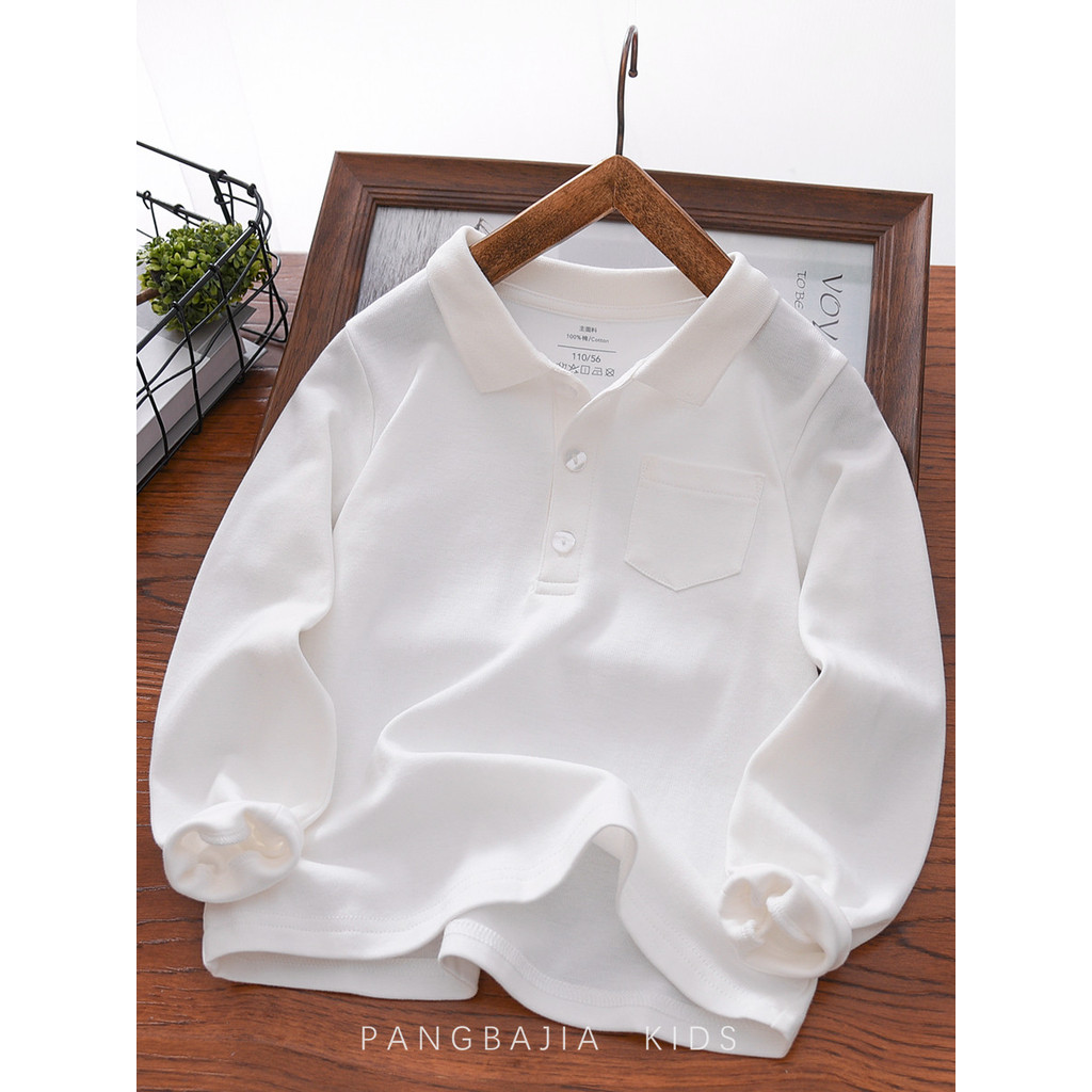Meninos branco de manga comprida camiseta primavera outono estilo médio grande crianças 2026 puro algodão Bottoming meni