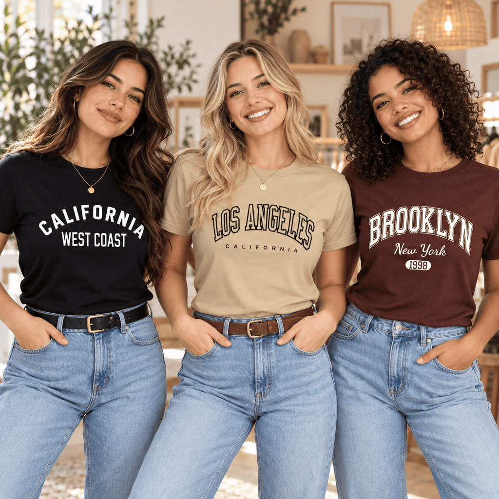 Kit 3 Camisetas Femininas T-shirt Estampada Brooklyn California New York Algodão Blusinha Manga Curta Tumblr Casual