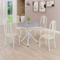 Conjunto Sala de Jantar Mesa Redonda 75cm Tampo Granito Ocre 4 Cadeiras Linda Yescasa Branco/Creme Creme/Branco