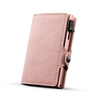 Carteira rosa CASEKEY, fina, minimalista, em couro, com sistema pop-up, proteção RFID, mini porta-cartões automático em 