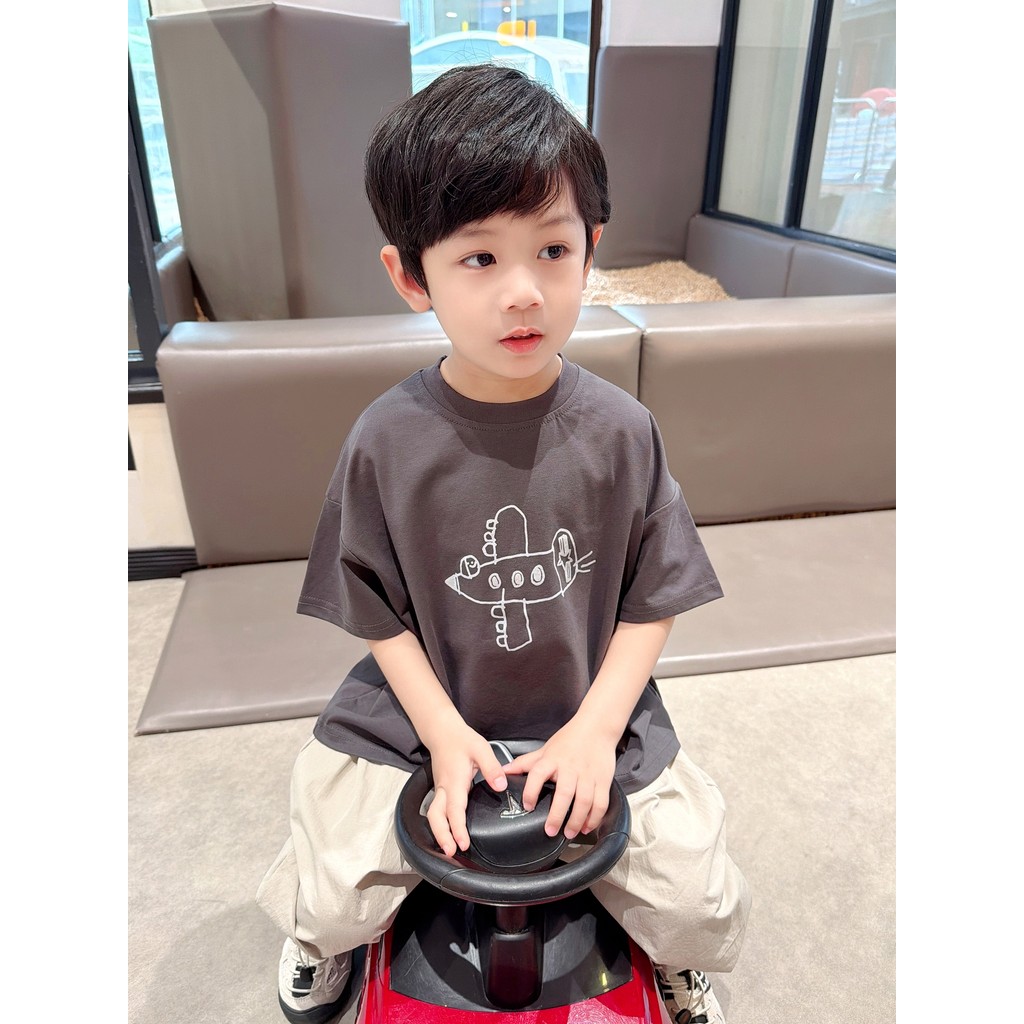 Meninos avião impresso camiseta de manga curta 2026 verão novo estilo crianças solto em torno do pescoço versão coreana 