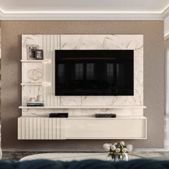 Painel Ripado para TV até 65 Polegadas com LED 2 Portas 167,5x200cm Atena Yescasa Branco Calacata/Offwhite