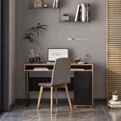 Escrivaninha Mesa Escritório Chicago 1 Gaveta 1 Porta 120cm Industrial Marrom Aveiro/Preto