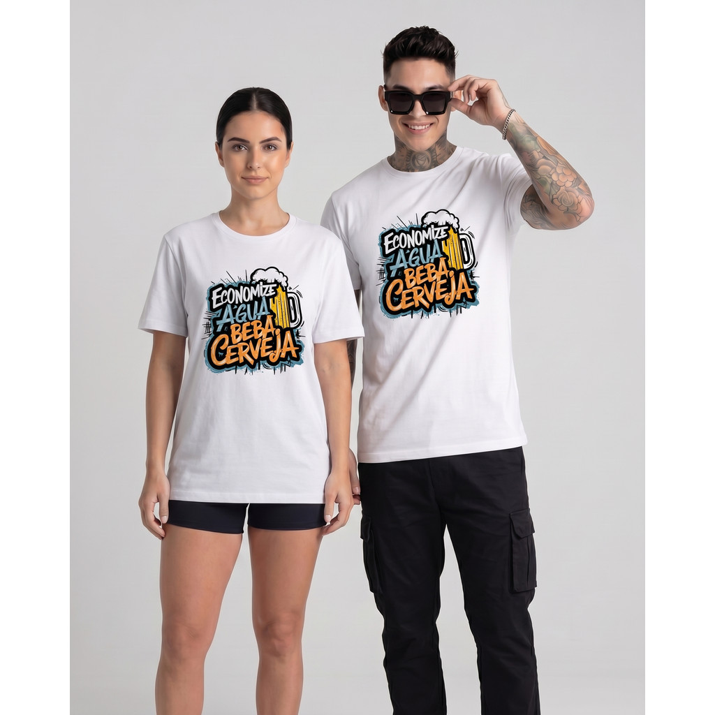 [Camiseta Premium em Algodão Puro]GXG Camiseta Algodão Premium Estampada Frase Economize Água Unissex Masculina e 