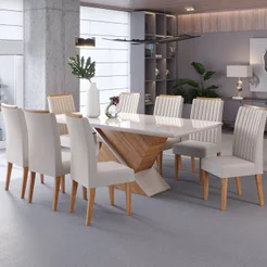 Conjunto Mesa de Jantar Retangular Eleganza 200x90cm com Vidro e 8 Cadeiras Yescasa Bege/Mel/Off White/Marfim Mel\Off