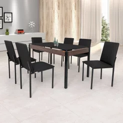 Conjunto Sala de Jantar Mesa Dubai 140x80cm Tampo Vidro com 6 Cadeiras Preto Preto
