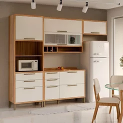 Cozinha Compacta Modulada 100% MDF 4 Peças 7 Portas 5 Gavetas e Vidro 274cm Vicenza Espresso Móveis Branco/Amêndoa