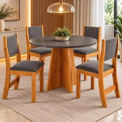 Conjunto Sala de Jantar Mesa Chilli 90cm Tampo Redondo com 4 Cadeiras Sol Cinza/Mel/Brilho/Grafite Mel/Cinza