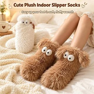 Meias-pantufa de pelúcia fofas, meias de inverno antiderrapantes com olhos grandes, o design de pelúcia com olhos grande