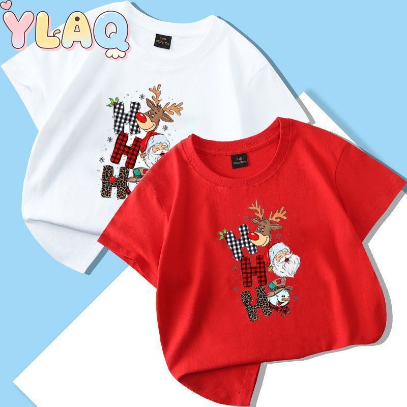 Natal Santa Rena Boneco De Neve Impressão Crianças Camiseta Meninos Meninas Macio Manga Curta Tripulação Pescoço Topo