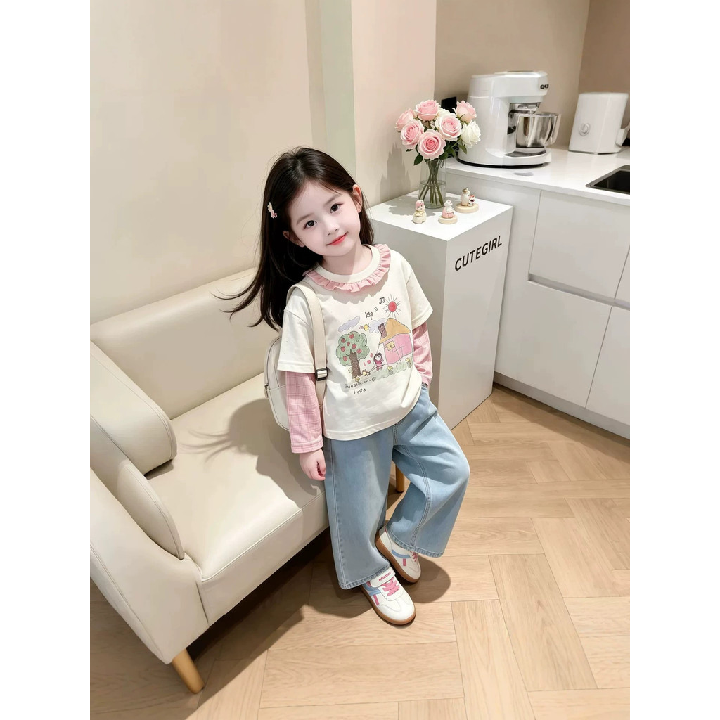 Meninas gola de renda manga comprida camiseta primavera outono 2026 moda impressão dos desenhos animados falso camisa de