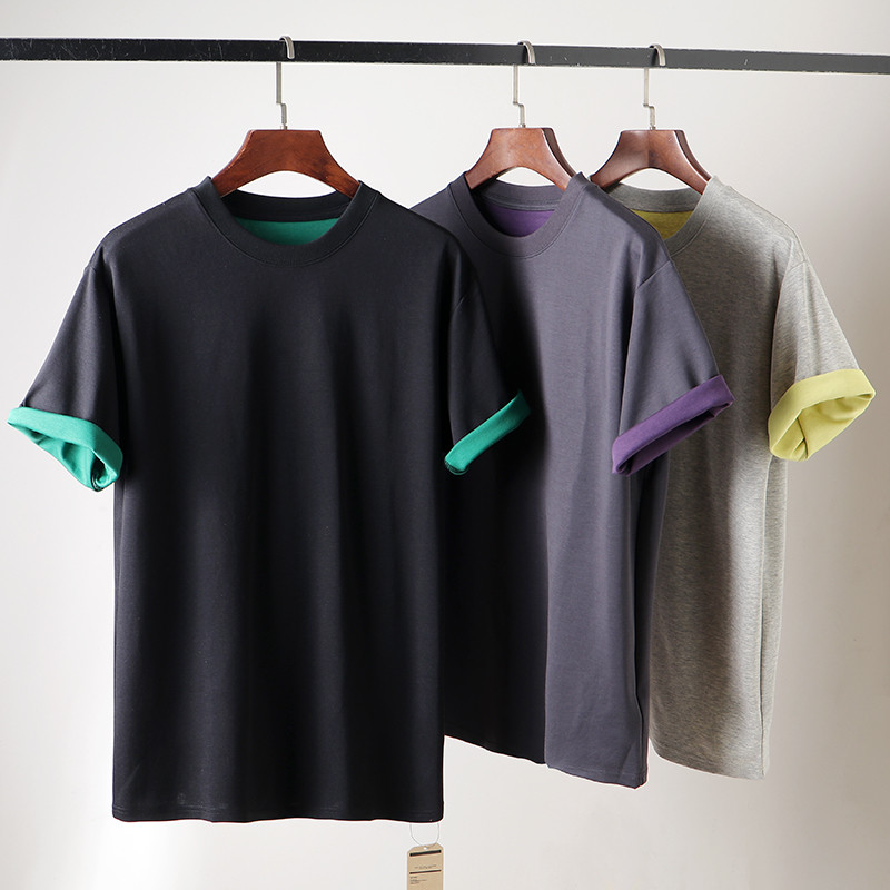 Linha de grife!Dupla face fio lavado algodão verão masculino casal moda em torno do pescoço de manga curta camiseta cami