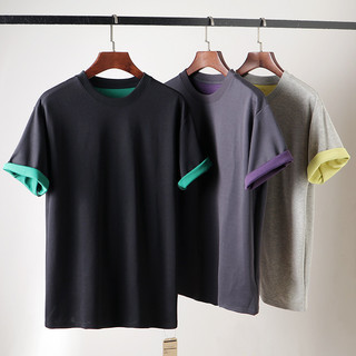 Linha de grife!Dupla face fio lavado algodão verão masculino casal moda em torno do pescoço de manga curta camiseta cami