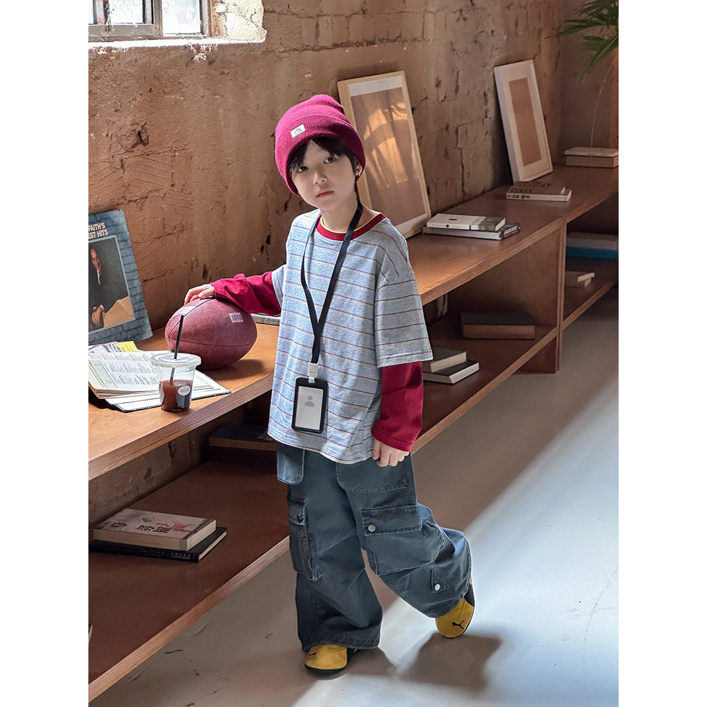 Yima meninos costura camiseta de manga comprida outono crianças puro algodão de manga comprida meninos usam roupas super