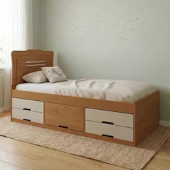 Cama Solteiro Infantil com 5 Gavetas Puxador Embutido Alice Cinamomo/Off White Bege Cinamomo/Off White