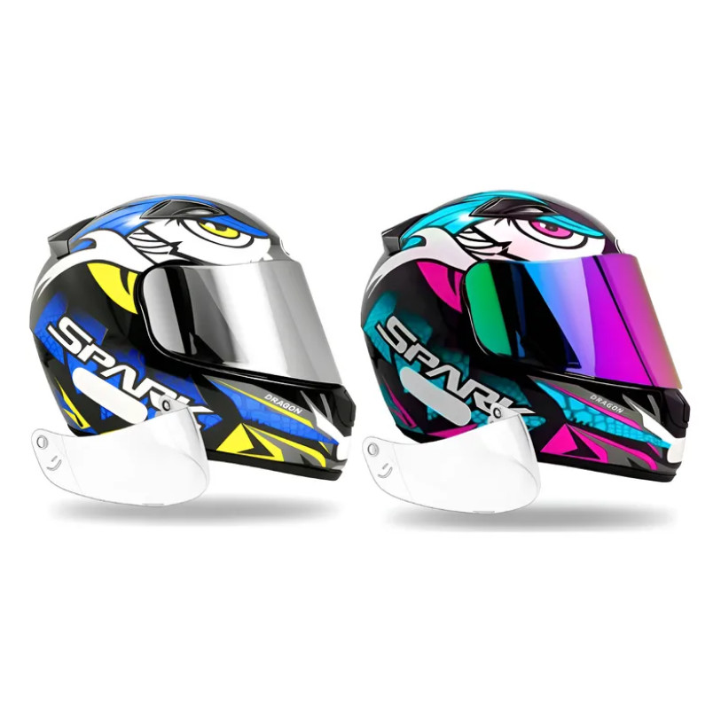 Kit Capacete Ebf Dragon Azul e Dragon Tiffany Mais Viseira Camaleão e Cromada