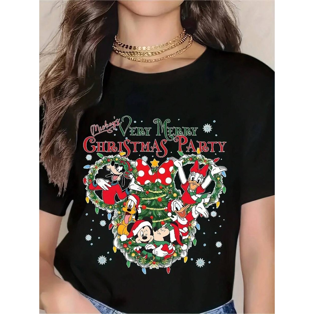 Bonito Camiseta Feminina Casual De Algodão Com Estampa Do Personagem Disney "Mickey's Merry Christmas Party"