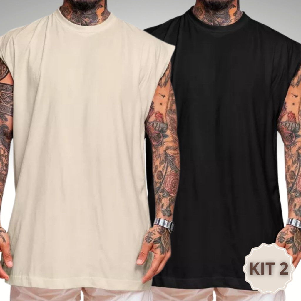 Kit 2 Regata Masculina Oversized Camiseta Larga e Lisa Para Treino 100% Algodão em Oferta na Shopee