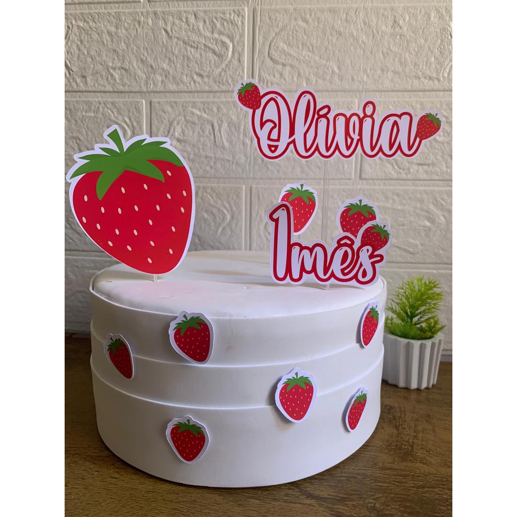 Topo de Bolo Morango Moranguinhos Personalizado Nome e Idade Mesversário e Aniversário