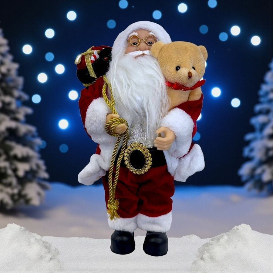 Papai Noel Decorativo em Pé com Saco de Presentes e Urso - Vermelho e Dourado - 30cm - 1 unidade - Rizzo