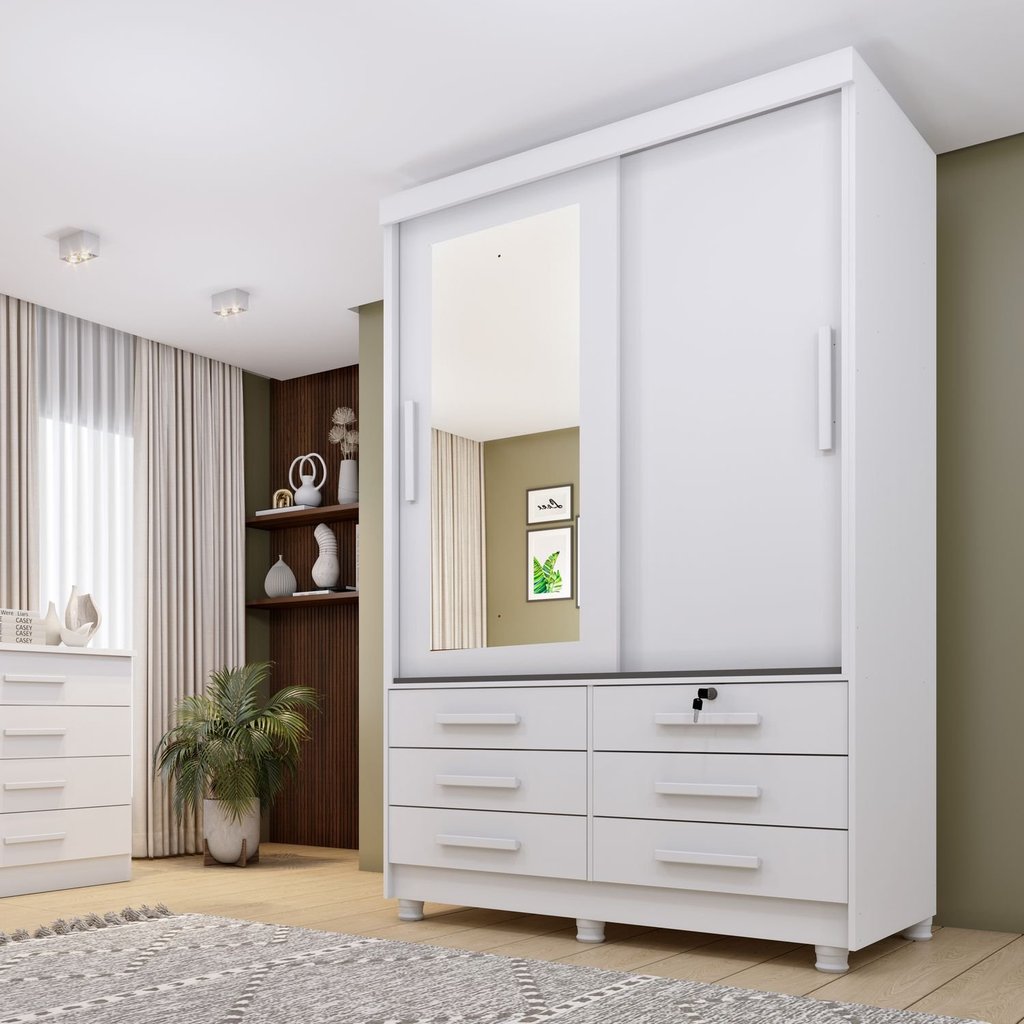 Guarda Roupa Solteiro com Espelho e pés 2 Portas 6 Gavetas 133cm Chicago   Neve em Oferta na Shopee