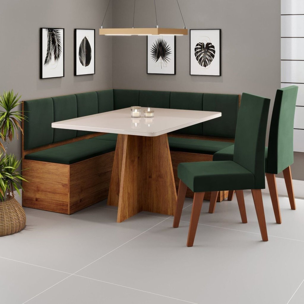 Conjunto Canto Alemão com Baú Mesa 120x77,8cm Tampo com Vidro e 2 Cadeiras Milão Verde/Mel/Off White em Oferta na Shopee
