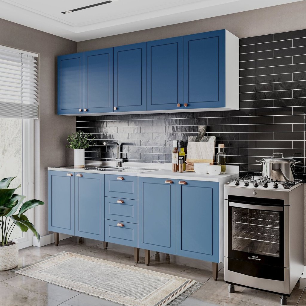 Cozinha Pérola com Rodapé 4 Peças Aéreos com 5 Portas, Balcão 2 Gavetas 3 Portas e Balcão 2 Portas Y Branco/Azul em Oferta na Shopee