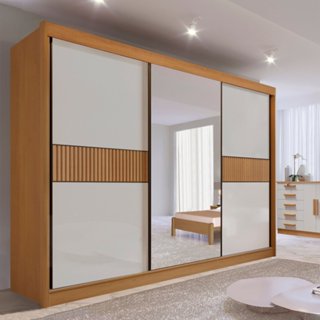 Guarda-roupa Casal Mdf com Espelho 3 Portas 6 Gavetas Miami Ripado Cinamomo/Off White em Oferta na Shopee