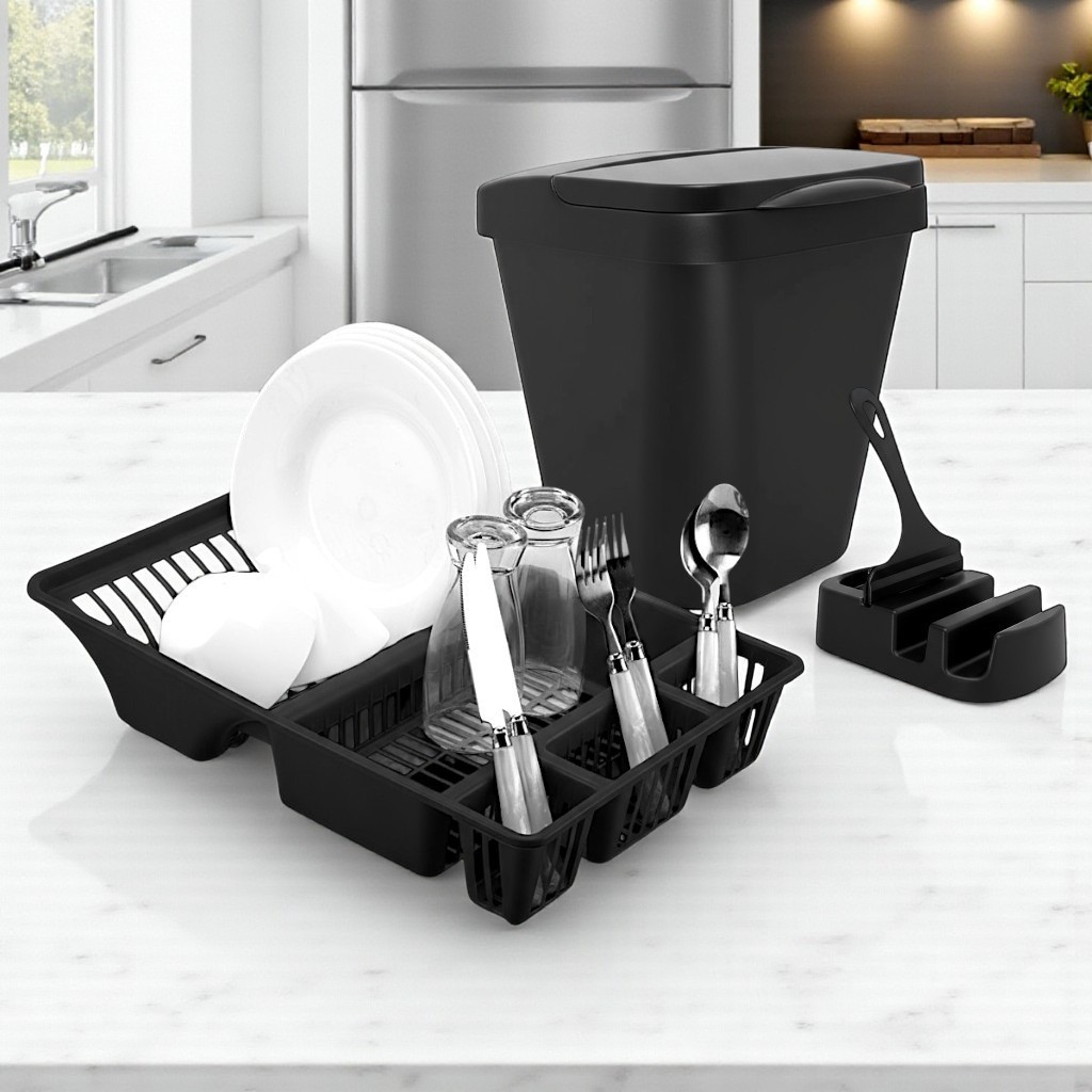 Kit Pia Cozinha 4 Peças Elegance – Lixeira 4,8L + Porta Detergente + Escorredor + Rodinho em Oferta na Shopee