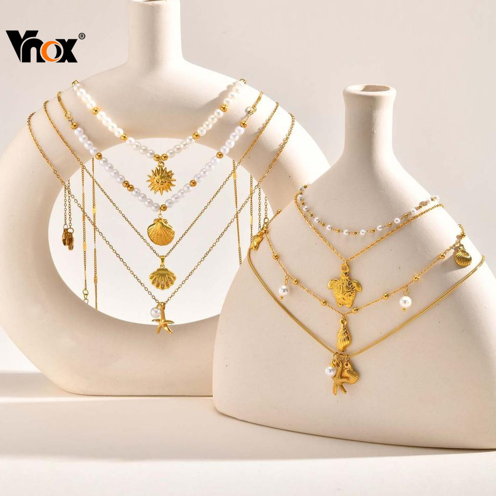 Vnox Feminino Meninas Girassol Estrela Do Mar Pérola Natural Barroco Colar Coleção De Aço Inoxidável Não Manchar & À Pro