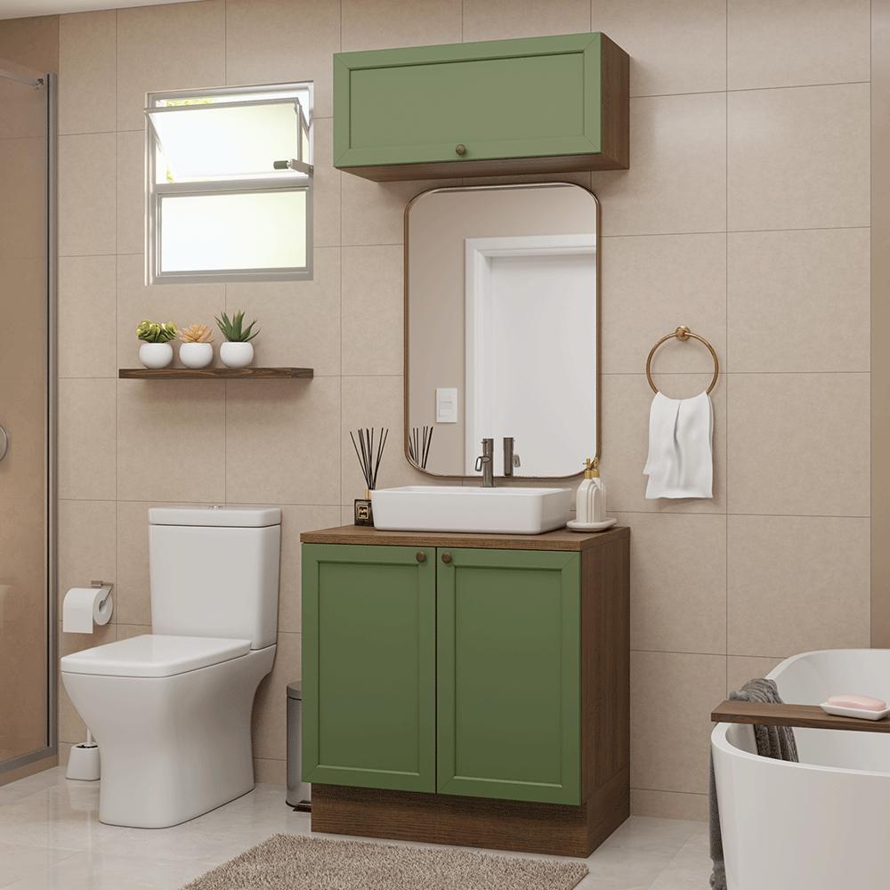 Conjunto Gabinete para Banheiro 80cm 3 Portas Rustic/Verde Vik Madesa 02