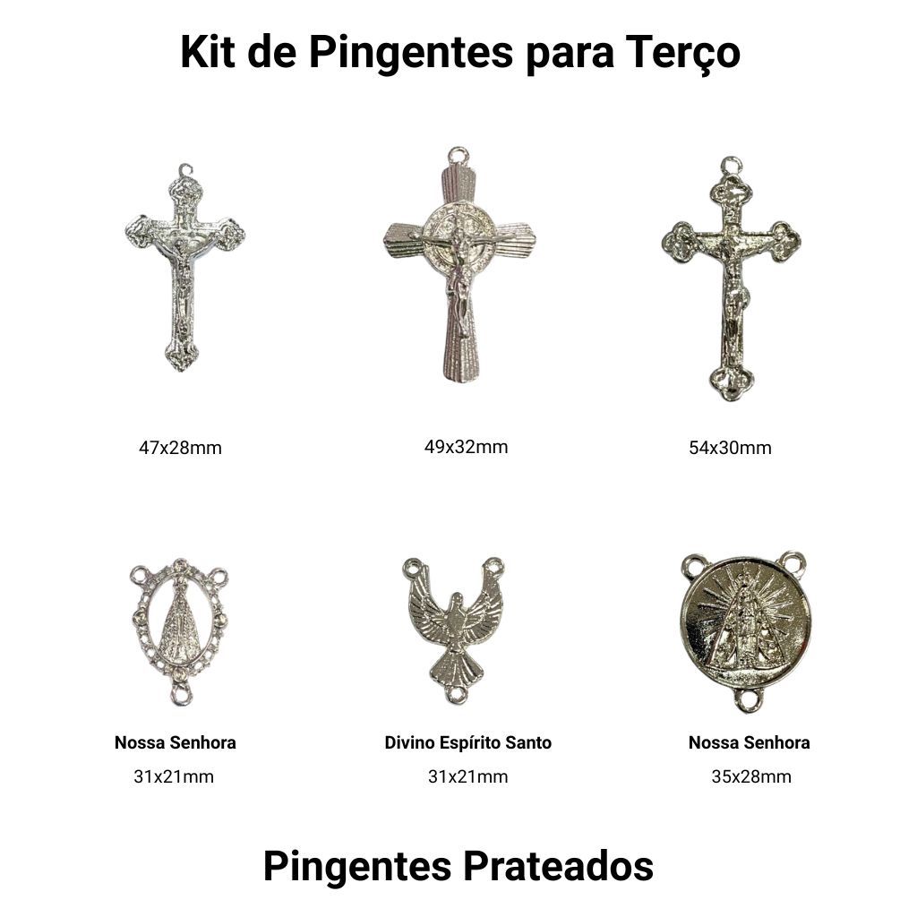 Kit 6 Pingentes Prateados Crucifixo e Entremeio para Montagem de Terço Tamanhos e Modelos Variados
