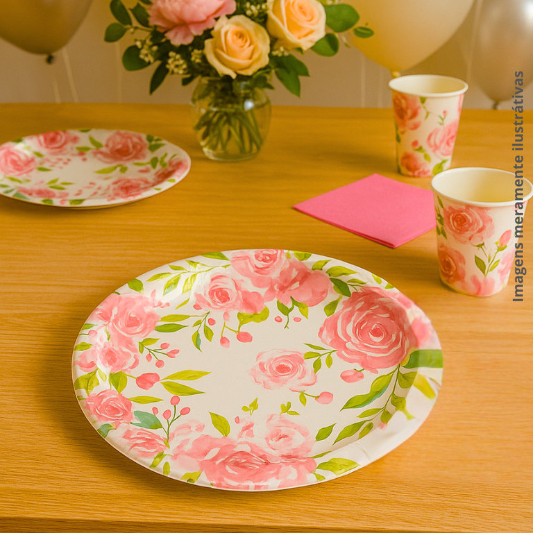 Kit Festa 20/40/80/120 Itens Estampa de Rosas, Descartáveis Papel  - Prato, Copo e Guardanapo em Oferta na Shopee