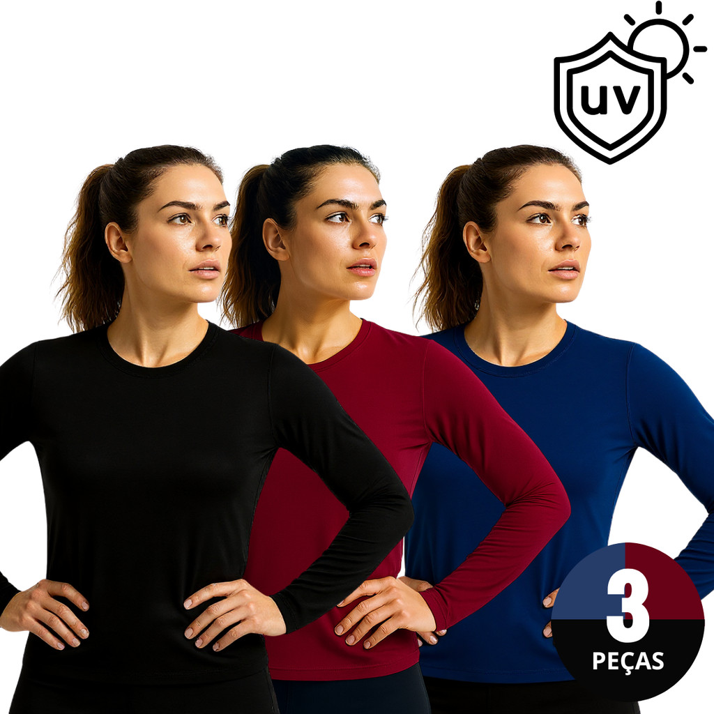 Kit 03 Camisetas Térmicas Proteção UV Feminina Blusa Segunda Pele Compressão Treino Corrida