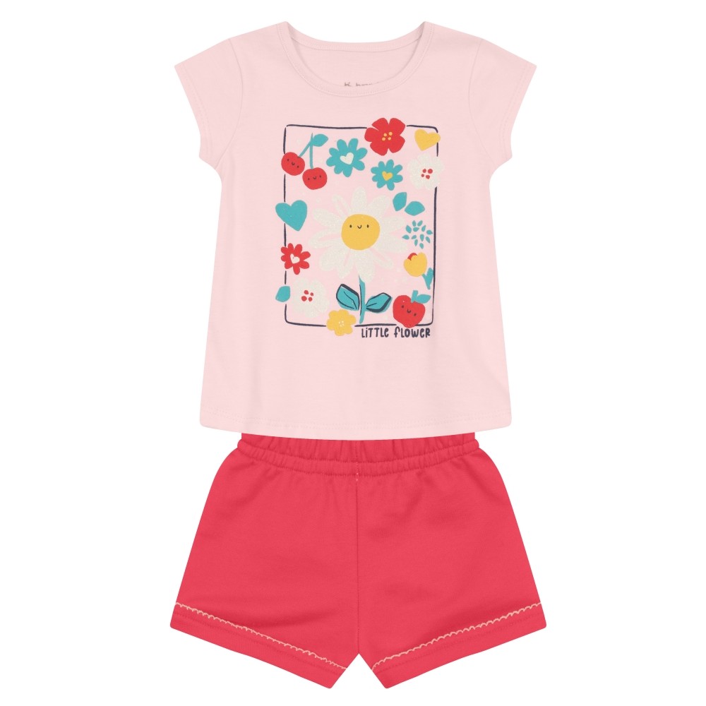 Conjunto Infantil Bebê Menina Blusa Estampa Florida e Shorts em Moletinho Brandili - Tam. G (6 à 9 meses)