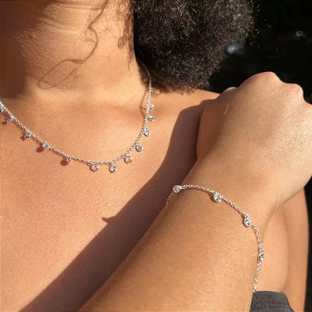 Kit Colar e Pulseira Feminino Pedra Zirconia Ponto De Luz Prata 925
