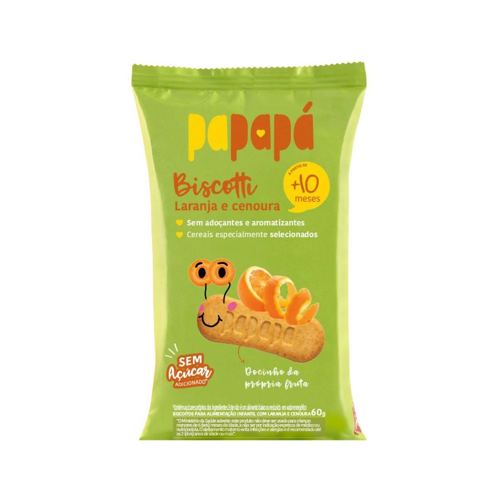 Biscoito Infantil Papapa Laranja e Cenoura Biscotti Natural Sem Açúcar Sem Aditivos Acima 10 Meses