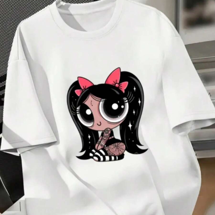 Camiseta Feminina Gola Redonda Estampada Desenho Animado Manga Curta Casual Confortável 100% Algodão