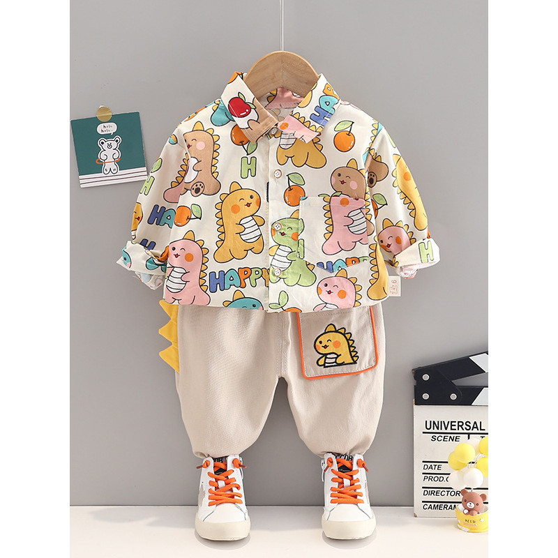 Meninos roupas de primavera 2026 novo estilo crianças camisa de manga comprida dos desenhos animados dinossauro puro alg