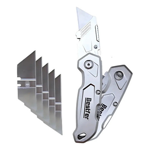Estilete Dobrável Bestfer Profissional Cabo Alumínio 5 Lâminas Extras Retrátil Segurança Corte Couro Papelão Tecido 2cm