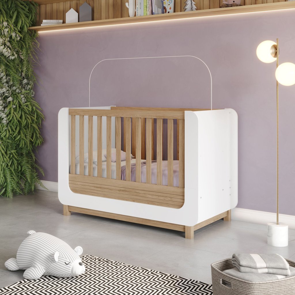 Berço Mini Cama 2 em 1 com Cantos Arredondados e Detalhes Usinados Branco/Jequitibá HP Aconchego