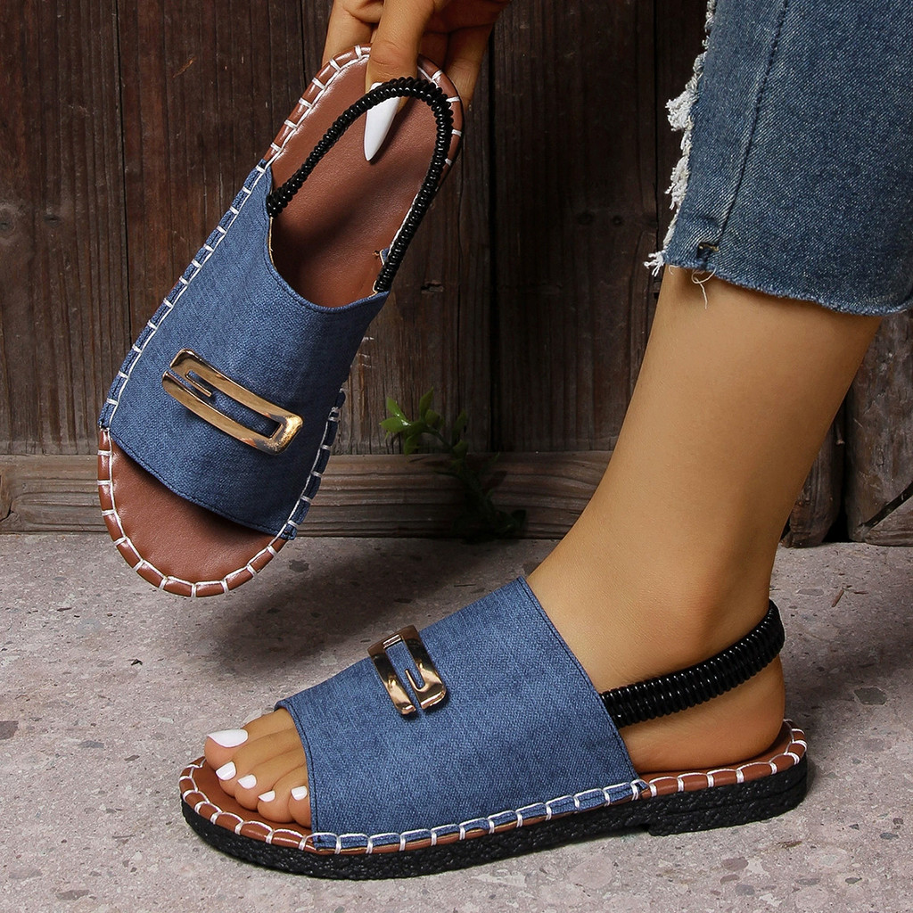 Sandálias europeias americanas novo estilo Denim elástico sandálias planas femininas casuais dedo do pé aberto sandálias