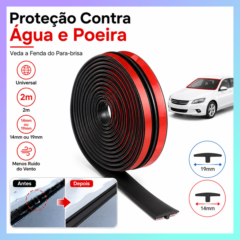 Fita Borracha T Para-brisa Carro 2m Vedação Automotiva EPDM Teto Solar Vidro Anti Ruído Universal